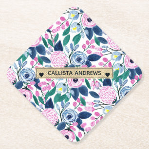 Sweet Pink Navy Flowers Watercolor Gold Monogram Paper Coaster