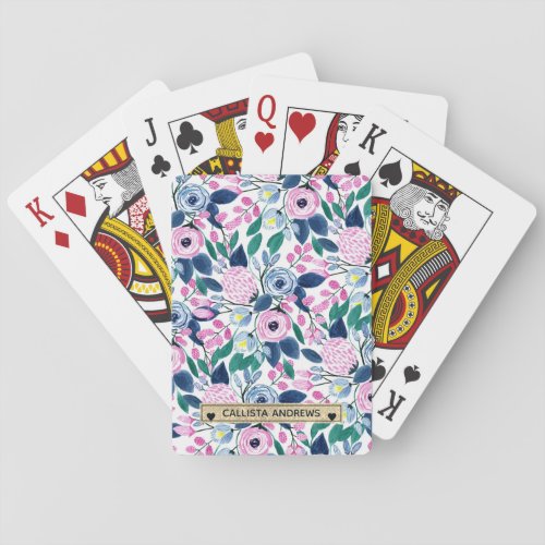 Sweet Pink Navy Flowers Watercolor Gold Monogram Poker Cards