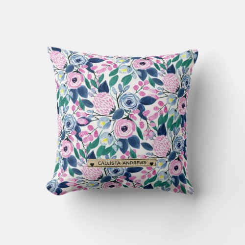 Sweet Pink Navy Flowers Watercolor Gold Monogram Throw Pillow