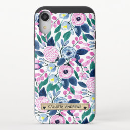 Sweet Pink Navy Flowers Watercolor Gold Monogram iPhone XR Slider Case