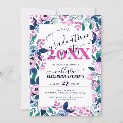 Sweet Pink Navy Flowers Watercolor Graduation Invitation