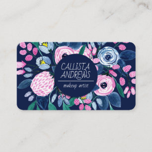 Sweet Pink Navy Flowers Watercolor Makeup Artist Business Card