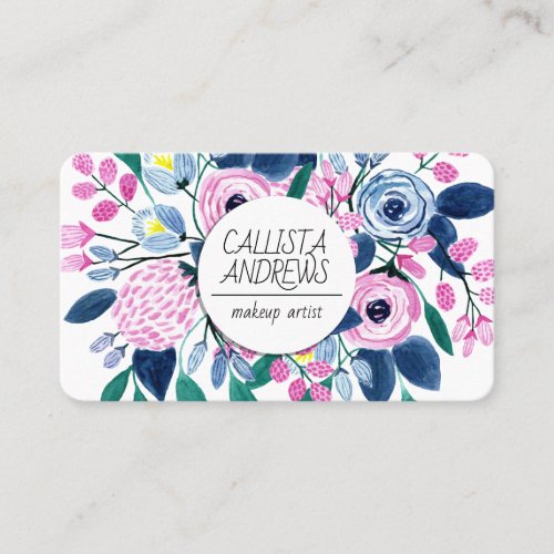 Sweet Pink Navy Flowers Watercolor Makeup Artist Business Card