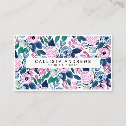 Sweet Pink Navy Flowers Watercolor Pattern Business Card