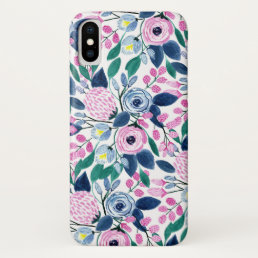Sweet Pink Navy Flowers Watercolor Pattern iPhone X Case