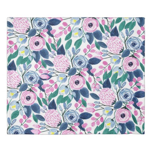 Sweet Pink Navy Flowers Watercolor Pattern Duvet Cover