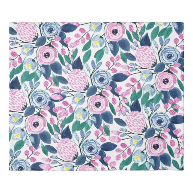 Sweet Pink Navy Flowers Watercolor Pattern Duvet Cover (Front)