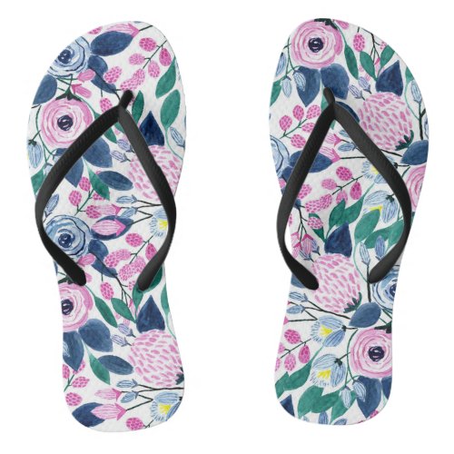 Sweet Pink Navy Flowers Watercolor Pattern Flip Flops