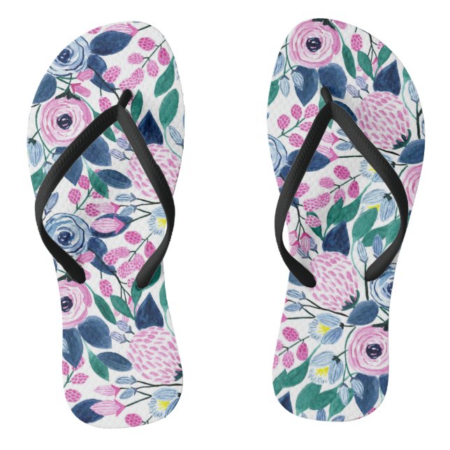 Sweet Pink Navy Flowers Watercolor Pattern Flip Flops (Footbed)