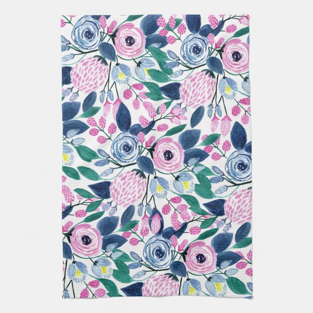Sweet Pink Navy Flowers Watercolor Pattern Kitchen Towel (Vertical)