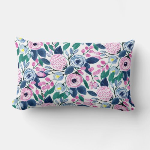 Sweet Pink Navy Flowers Watercolor Pattern Lumbar Pillow