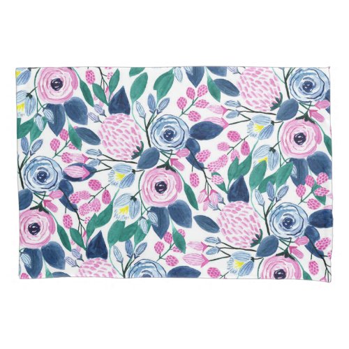 Sweet Pink Navy Flowers Watercolor Pattern Pillow Case