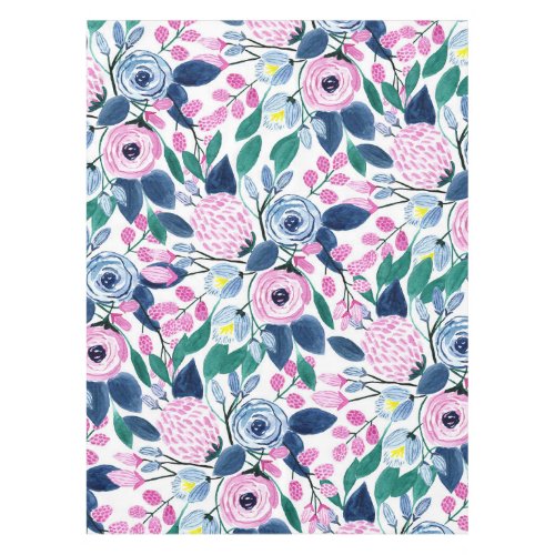 Sweet Pink Navy Flowers Watercolor Pattern Tablecloth