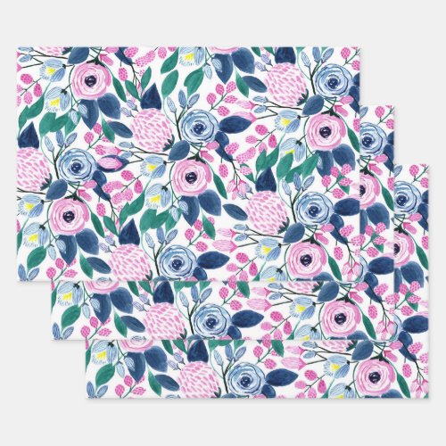 Sweet Pink Navy Flowers Watercolor Pattern Wrapping Paper Sheets