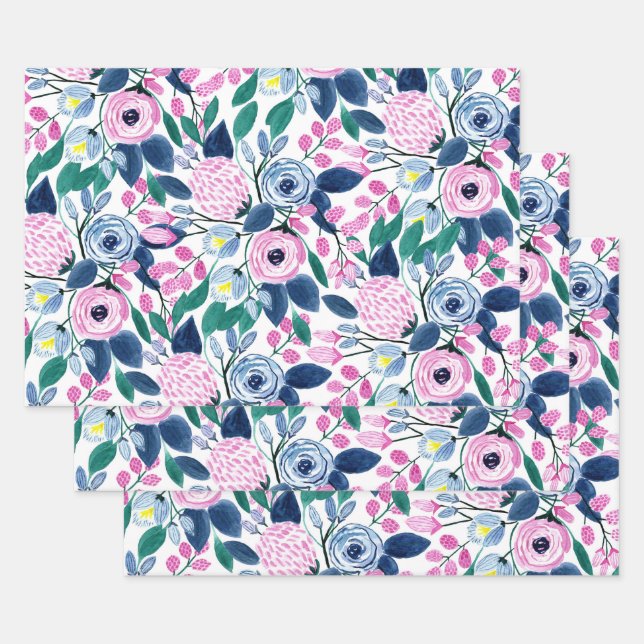 Sweet Pink Navy Flowers Watercolor Pattern Wrapping Paper Sheets (Set)