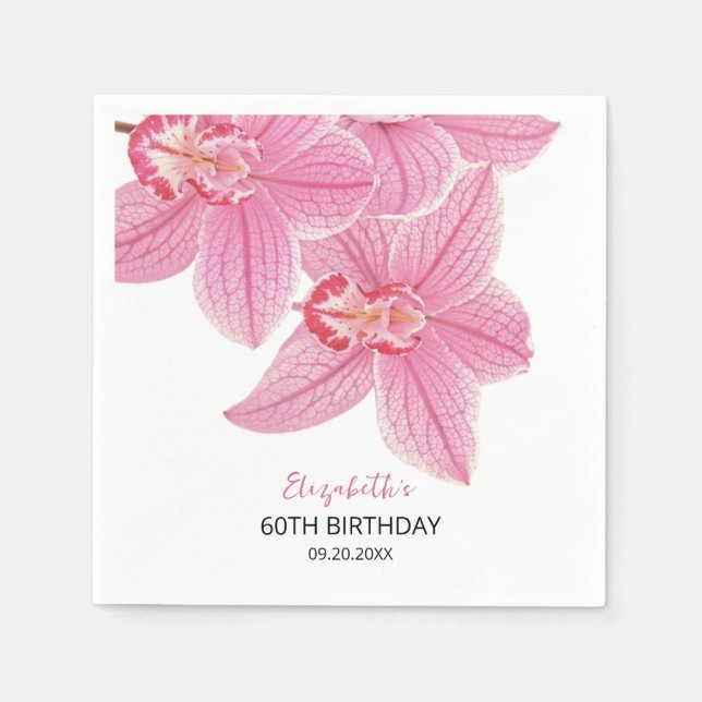 Sweet Pink Orchid Floral Greenery Birthday Napkins (Front)