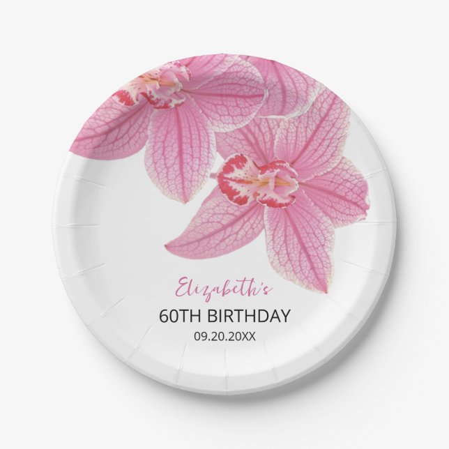 Sweet Pink Orchid Floral Greenery Birthday Paper Plates (Front)