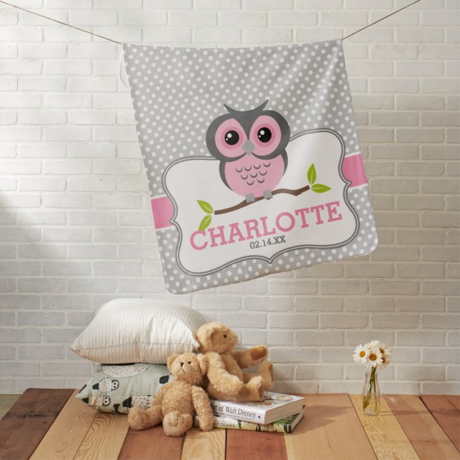 Sweet Pink Owl Personalized Baby Blanket (In Situ)