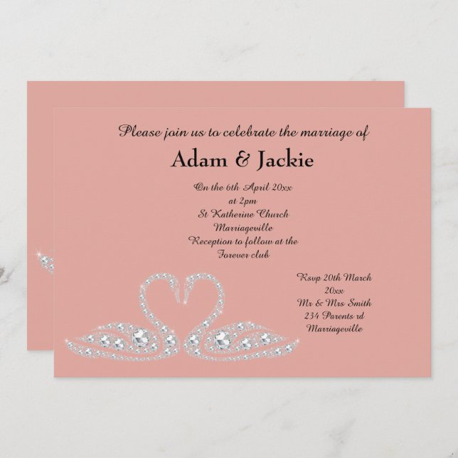 SWEET PINK PEACH  SWAN ELEGANT WEDDING INVITATION (Front/Back)