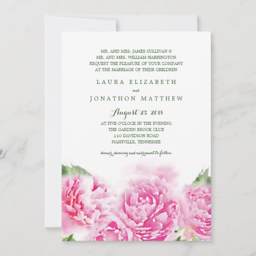 Sweet Pink Peonies Watercolor  Wedding Invitation
