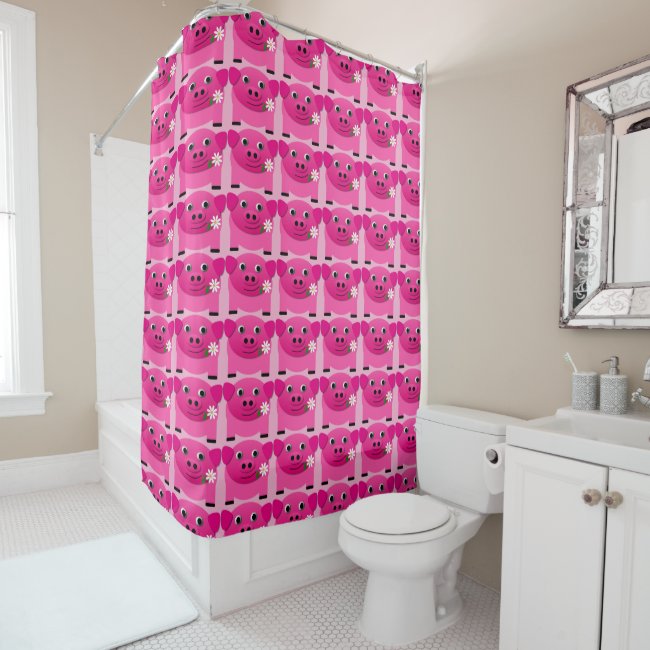 Sweet Pink Pig with Flowers Pattern Shower Curtain