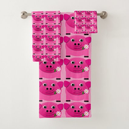 Sweet Pink Pigs with Flowers Bath Towels