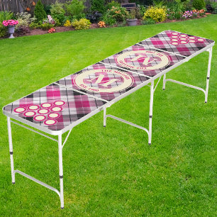 Sweet Pink Plaid Family Monogram & Name Beer Pong Table