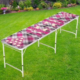 Sweet Pink Plaid Monogram & Name Overlay Beer Pong Table