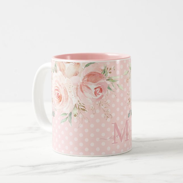Sweet Pink Polka Dots Blush Roses Floral Monogram  Two-Tone Coffee Mug (Front Left)