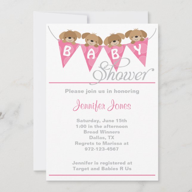 Sweet pink puppy baby shower invitations (Front)
