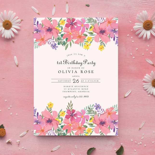 Sweet Pink Purple Floral 1st Birthday Party Invitation (Creator Uploaded)