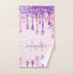 Sweet Pink Purple Glitter Dripping Girly Monogram Bath Towel Set