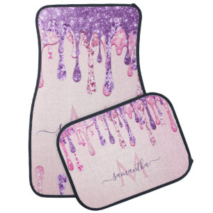 Sweet Pink Purple Glitter Dripping Girly Monogram Car Floor Mat