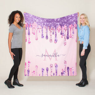 Sweet Pink Purple Glitter Dripping Girly Monogram  Fleece Blanket
