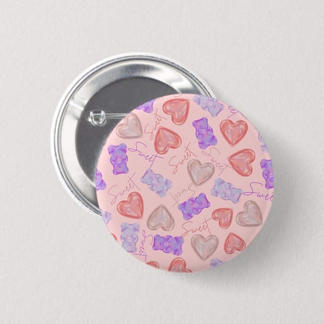 Sweet Pink Purple Teddy Bear & Heart Pattern Button (Front & Back)