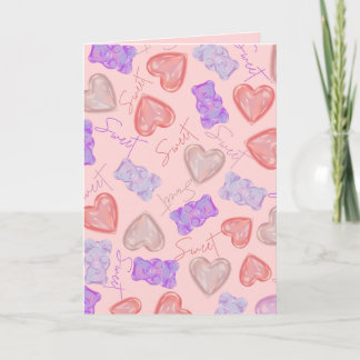 Sweet Pink Purple Teddy Bear & Heart Pattern Card
