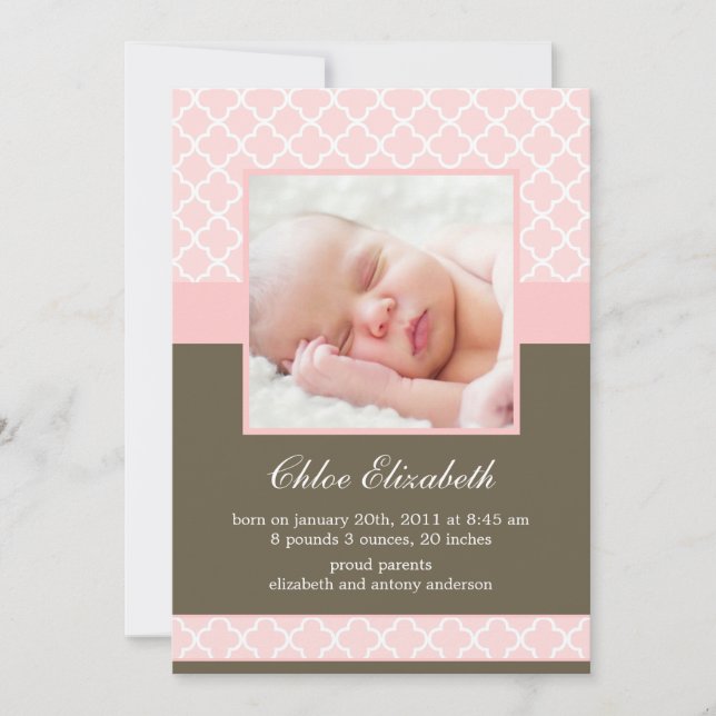 Sweet Pink Quatrefoil Girl Photo Birth Announcement (Front)