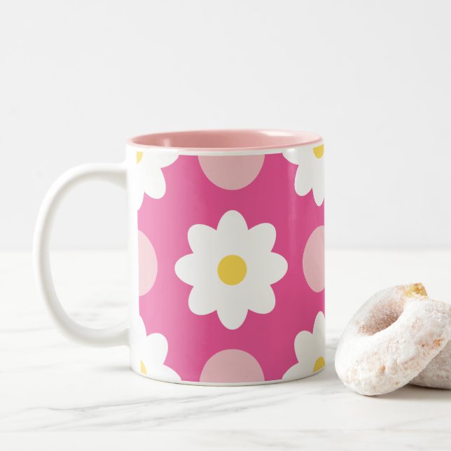 Sweet Pink Retro Floral Pattern  Two-Tone Coffee Mug (With Donut)