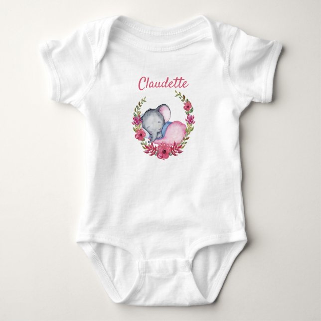 Sweet Pink Rose Floral Baby Elephant Girls Baby Bodysuit (Front)