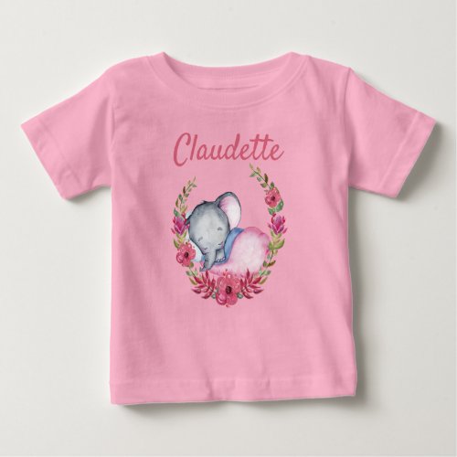 Sweet Pink Rose Floral Baby Elephant Girls Baby T_Shirt