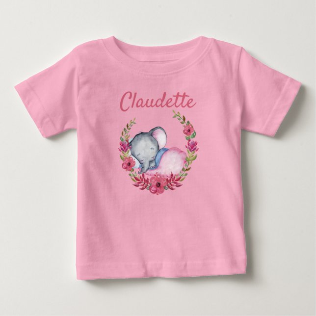 Sweet Pink Rose Floral Baby Elephant Girls Baby T-Shirt (Front)