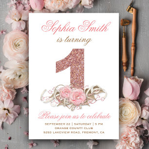 Sweet Pink Rose Gold Glitter First Birthday Invite