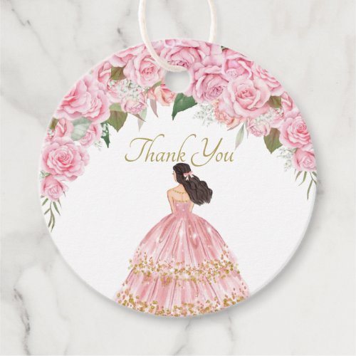 Sweet Pink Roses Floral Quinceanera Thank You Favor Tags