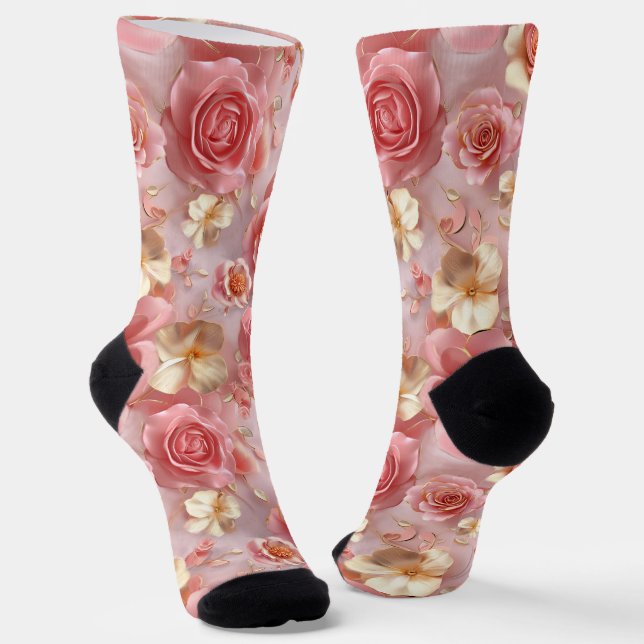 Sweet Pink Roses on Pastel  Ground Socks (Angled)