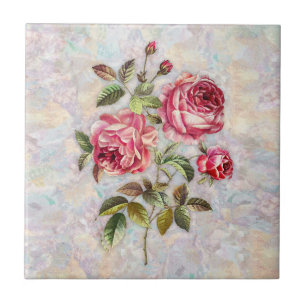 Sweet Pink Roses on Textured Background Ceramic Tile
