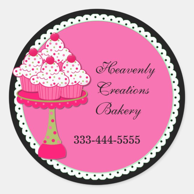 Sweet Pink Round Cupcake Bakery Stickers (Front)