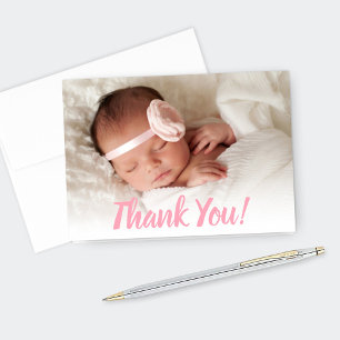 Sweet Pink Script Baby Girl Photo Thank You Card