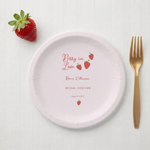 Sweet Pink Strawberry Berry In Love Bridal Shower Paper Plates