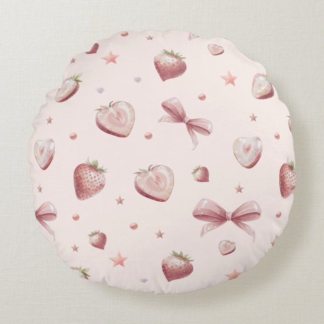 Sweet Pink Strawberry Love Heart And Stars Round Pillow (Front)