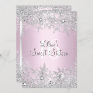 Sweet Pink Sweet 16 Snowflake Winter Wonderland Invitation